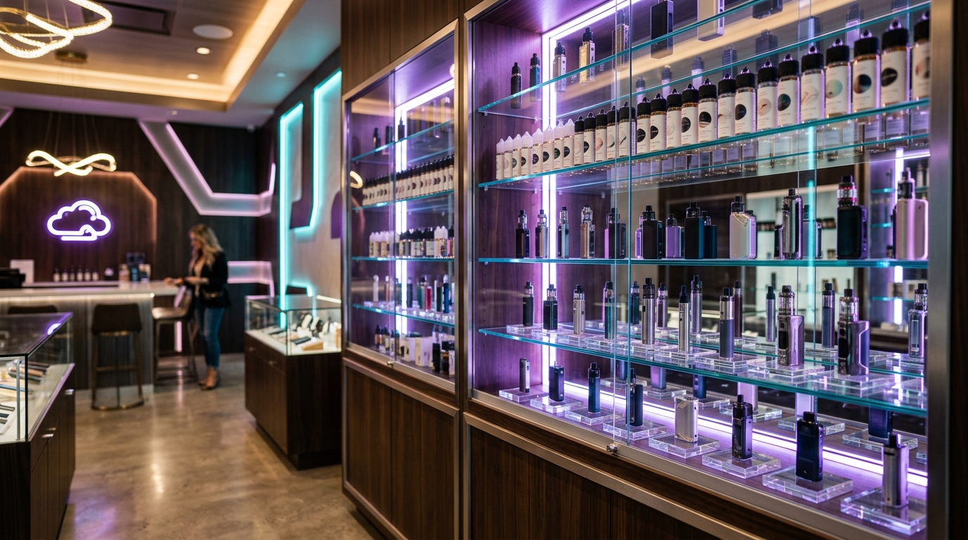 Vape display racks at Green Smoke Vape & Tobacco Houston TX
